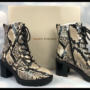 Marc Fisher Snake Lace up Lug Sole Boots